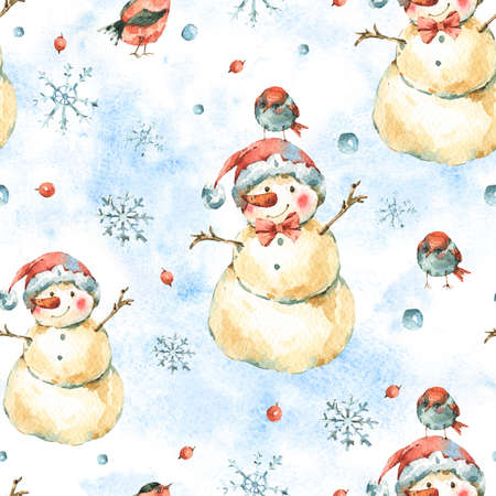 Winter Watercolor Christmas seamless pattern with cute sowmanの写真素材