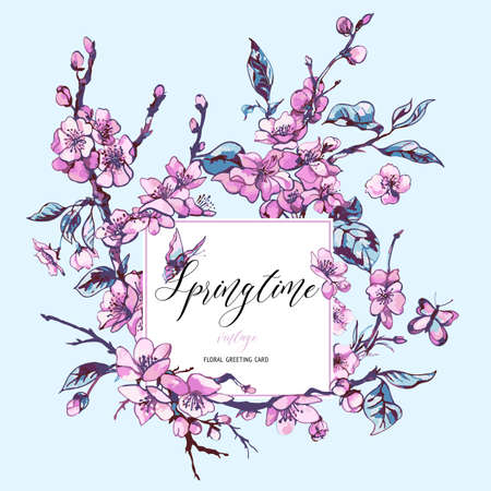 Vector spring greeting card, vintage floral bouquet with pink blooming branches of cherry peach, pear, sakura, apple trees and butterfliesのイラスト素材