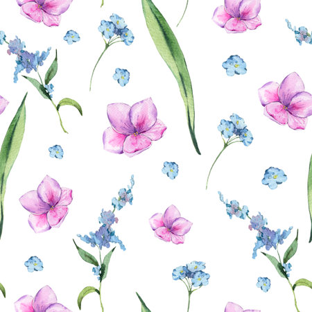 Watercolor vintage floral seamless pattern with pink and blue wi