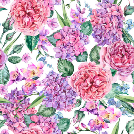 Summer Watercolor Vintage Floral Bouquet with Blooming Hydrangea