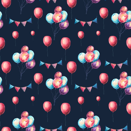 Watercolor Colorful Air Balloons and Party Garlands Seamless Pattern. Hand Drawn  Illustration on...