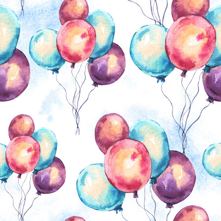 Watercolor Colorful Air Balloons Seamless Pattern. Hand Drawn Illustration on White Background. Wedding Design Collectionの写真素材