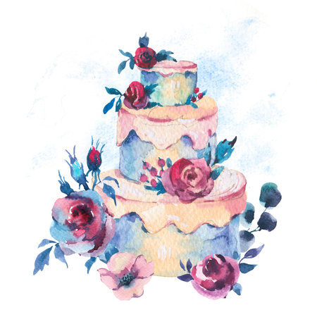 Watercolor Fantasy Wedding Cake with Red Roses. Hand Drawn Bakery Illustration Isolated on White...