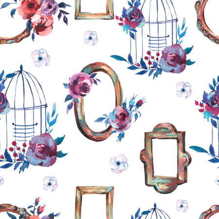 Watercolor Seamless Pattern with Antique Golden Wooden Frame, Flowers, Cage Hand Painted Vintage Illustration on White Background. Floral Design Collectionの写真素材