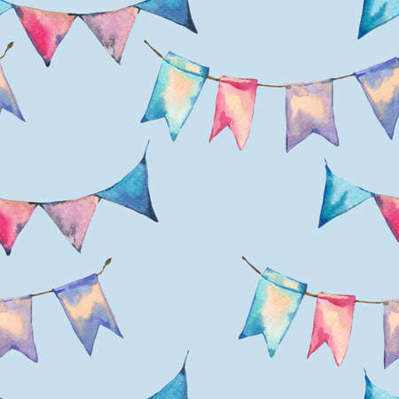 Watercolor seamless abstract pattern with colorful party garlands and flags on blue background, hand painted illustrationの写真素材