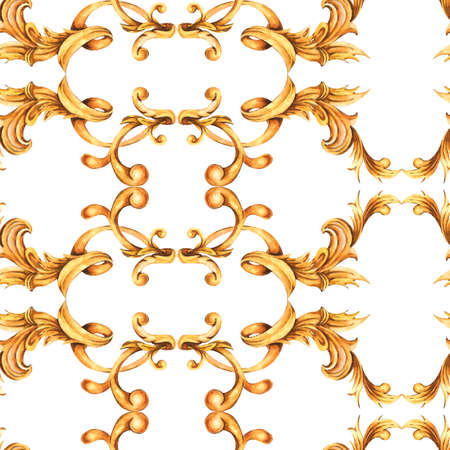 Watercolor golden baroque seamless pattern, rococo ornament texture.の写真素材