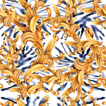 Watercolor animal print with golden baroque seamless pattern, rococo ornament texture.の写真素材