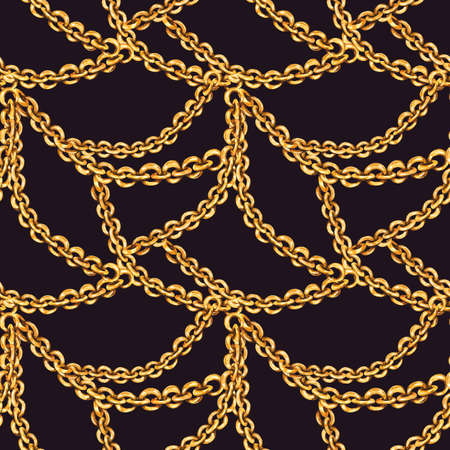 Watercolor fashion gold rings and chains seamless pattern, vintage luxury elements on blackの写真素材