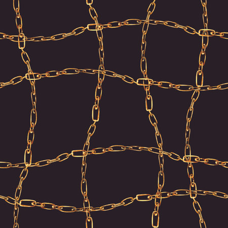 Gold chains and rings watercolor seamless pattern, fashion vintage luxury elements on black