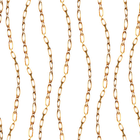Watercolor waves vertical gold chains and rings seamless pattern, fashion vintage luxury elements on...