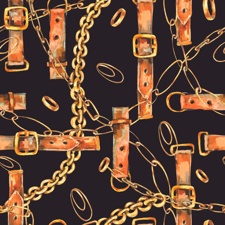 Watercolor vintage leather belt, gold rings and chains seamless pattern