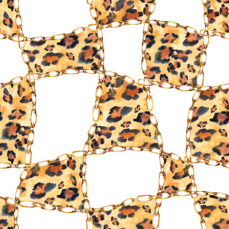 Watercolor abstract gold chains and rings seamless pattern with animal leopard printの写真素材