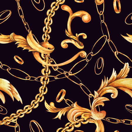 Watercolor golden baroque seamless pattern with gold chains and rings, rococo ornament textureの写真素材