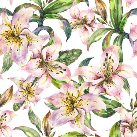 White Lily Seamless Pattern, Watercolor Royal Lilies Flowersの写真素材