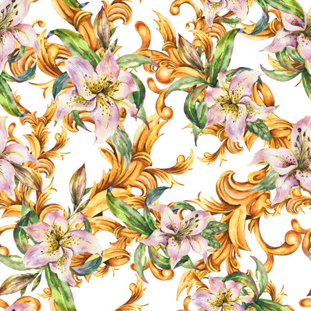 Watercolor golden baroque seamless pattern with white royal liliesの写真素材