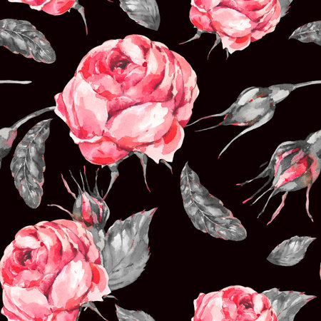 Floral Seamless pattern of Classical Watercolor Vintage Red Rose, Leaves, Buds.の写真素材
