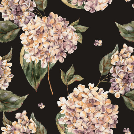 Watercolor Vintage Floral Seamless Pattern with Blooming White Hydrangea, Watercolor botanical...