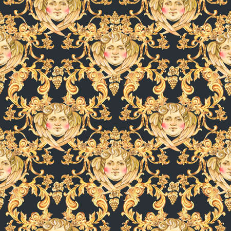 Watercolor luxury golden baroque angel seamless pattern, floral curl, rococo ornament. Hand drawn gold face cupid, scroll, grape, roses, leaves on black background. Vintage design wallpaper.の写真素材