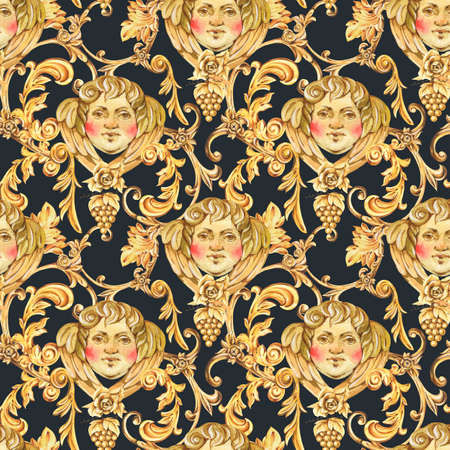Watercolor golden baroque angel seamless pattern, floral curl, rococo ornament texture. Hand drawn gold scroll, grape, leaves on black background. Vintage design wallpaper.の写真素材