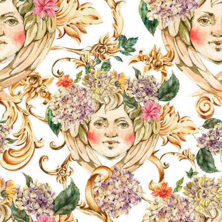 Watercolor golden baroque angel seamless pattern with hydrangea and wildflowers, rococo ornament. Vintage gold scroll texture on white background.の写真素材