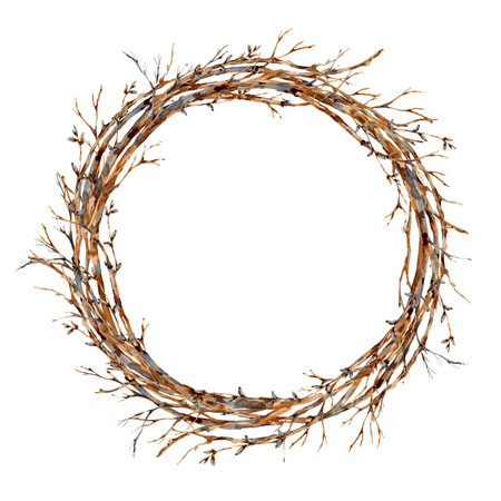 Watercolor tree branches wreath, vintage botanical round frame for greeting card isolated on whiteの写真素材