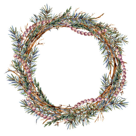 Watercolor Christmas natural wreath of fir branches isolated on whiteの写真素材