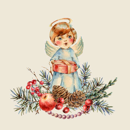 Watercolor Christmas cute boy with a gift in his hands sings a Christmas song.の写真素材