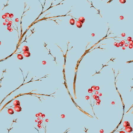 Watercolor winter natural seamless pattern of tree branches, red berries.の写真素材
