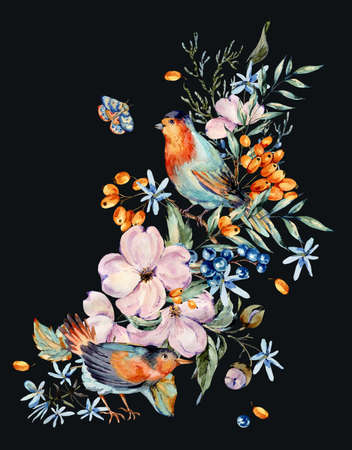 Gentle watercolor bouquet with pair of birds, pink, flowers, blue and orange berries, twigs, leaves, buds. Natural greeting card. Hand painted vintage floral illustration isolated on black background.の写真素材