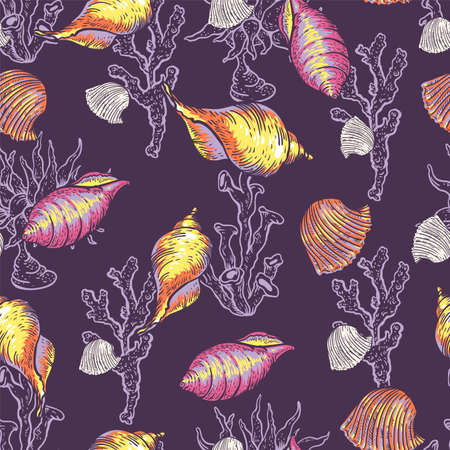 Vintage sea life natural seamless pattern, underwater vector texture, shells and seaweed.のイラスト素材