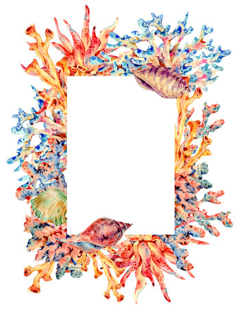 Watercolor vintage sea life natural frame, underwater summer illustration, shells and seaweed....