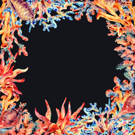 Watercolor vintage sea life natural frame, underwater summer illustration, shells and seaweed. Nautical hand drawn design objects on black background.の写真素材