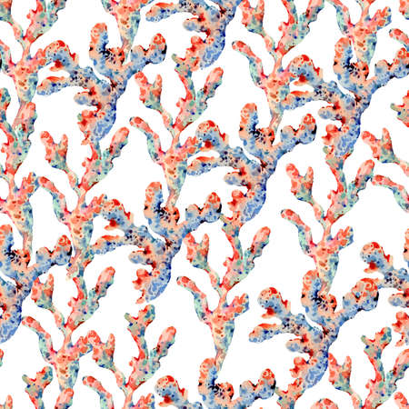 Watercolor vintage sea life natural seamless pattern, underwater summer texture, shells and seaweed. Nautical hand drawn wallpaper.の写真素材