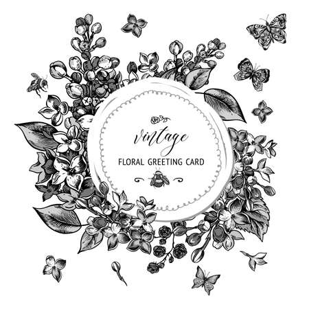 Vector black and white vintage spring greeting card with blooming flowers of lilac, natural round frame. Butterflies and beesのイラスト素材