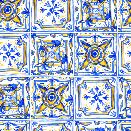 Watercolor geometric ornament square seamless pattern, hand drawn yellow and blue print texture....