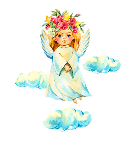 Watercolor angel with red flowers, roses, stars, clouds isolated on white background. Christmas angel illustrationの写真素材