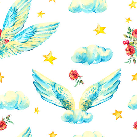 Watercolor angel seamless pattern with red flowers, roses, stars, clouds on blue background. Christmas angel texture. Religion wallpaperの写真素材