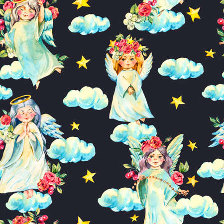 Watercolor angel seamless pattern with red flowers, roses, stars, clouds on blue background. Christmas angel texture. Religion wallpaperの写真素材