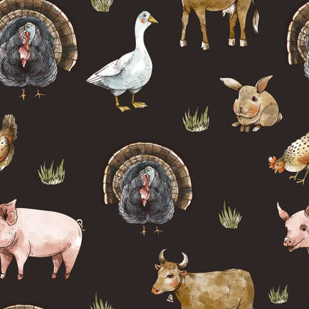 Farm animals seamless pattern. Goose, cow, chicken, pig, haystack. Rustic vintage texture on white background.の写真素材