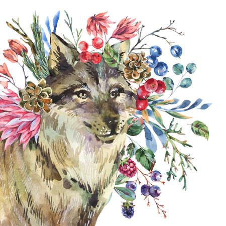 Watercolor wolf with flowers isolated on white background. Forest animals illustration. Woodland flowers.の写真素材