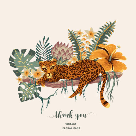 Tropical greeting card. Tiger, palm trees, green leaves, monstera, exotic flowersのイラスト素材