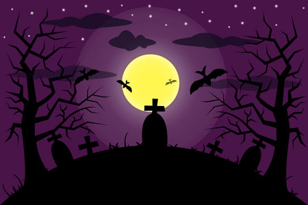 halloween celebration with full moon and grave on a purple backgroundのイラスト素材