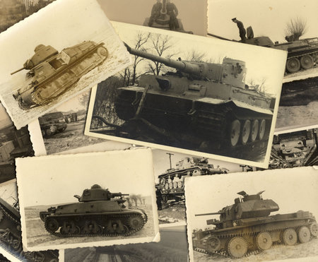 Tanks. Collage of vintage grungy black and white photos taken during world war II. all photos...