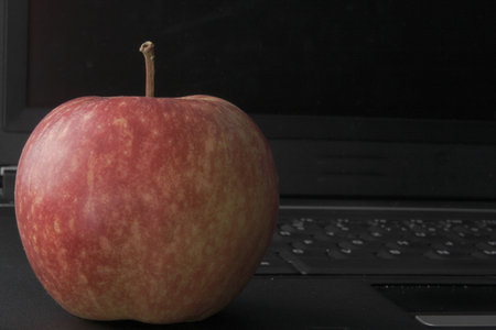 bright lit single red apple on black laptop