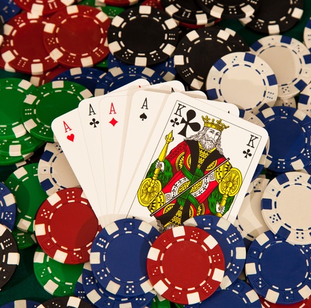 four of a kind winning hand with chipsのeditorial素材