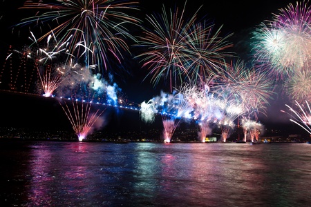 Fireworks and light show at  Bosporus Bridge Istanbul Turkeyの写真素材