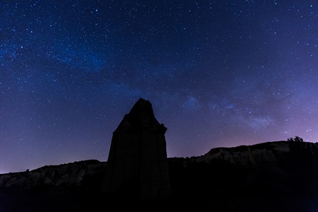 cave house under the milky way at cappadocia Turkeyの写真素材