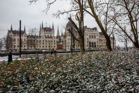 BUDAPEST, HUNGARY - JANUARY 16, 2019 : Gothic architecture of famous Hungarian Parliament building exterior view at winter timeのeditorial素材