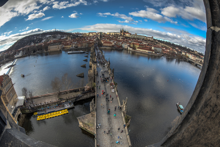 Prague city scape with castle and Charles Bridge over Vltava riverの写真素材