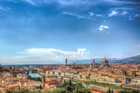 Aerial view of the Beautiful city Florence with historic buildings and riverの写真素材